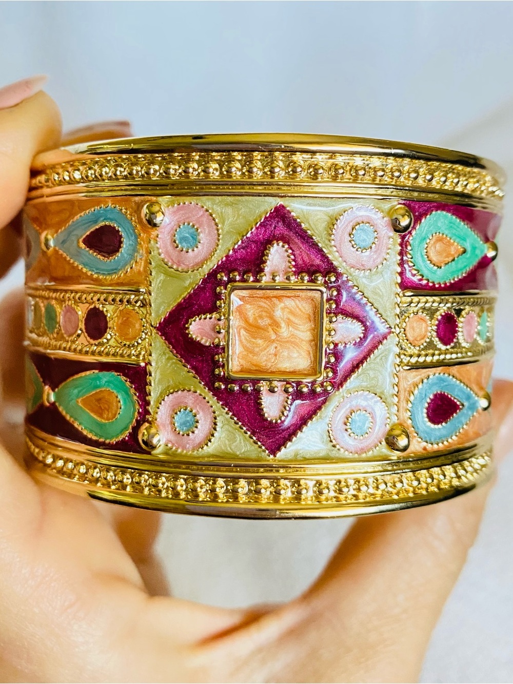 Beautiful Gold Colorful Enamel Cuff Bracelet, Very Eye Catching